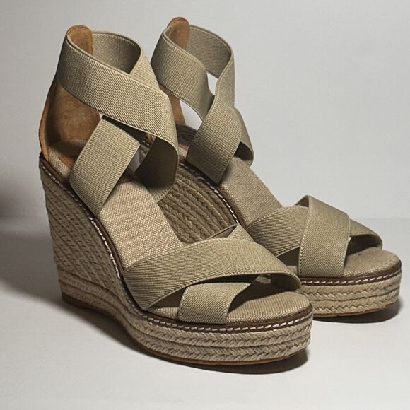Tory Burch Frieda Wedge Sandals Womens 7 Espadrilles Tan Vacation Casual Strappy - Picture 1 of 14